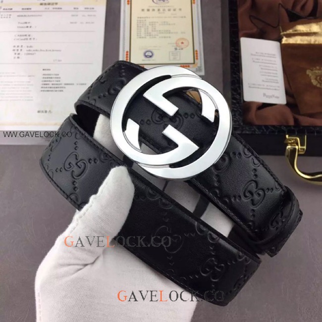 Gucci Signature Leather Belt Silver Buckle Original Size